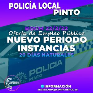 NUEVA APERTURA DE PLAZO DE INSTANCIAS 6 PLAZAS POLICÍA LOCAL PINTO: