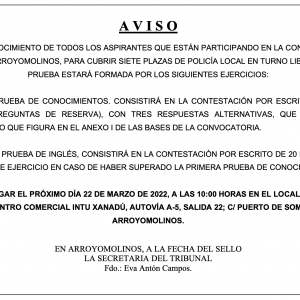 AVISO IMPORTANTE EXAMEN CONOCIMIENTOS POLICÍA LOCAL ARROYOMOLINOS: